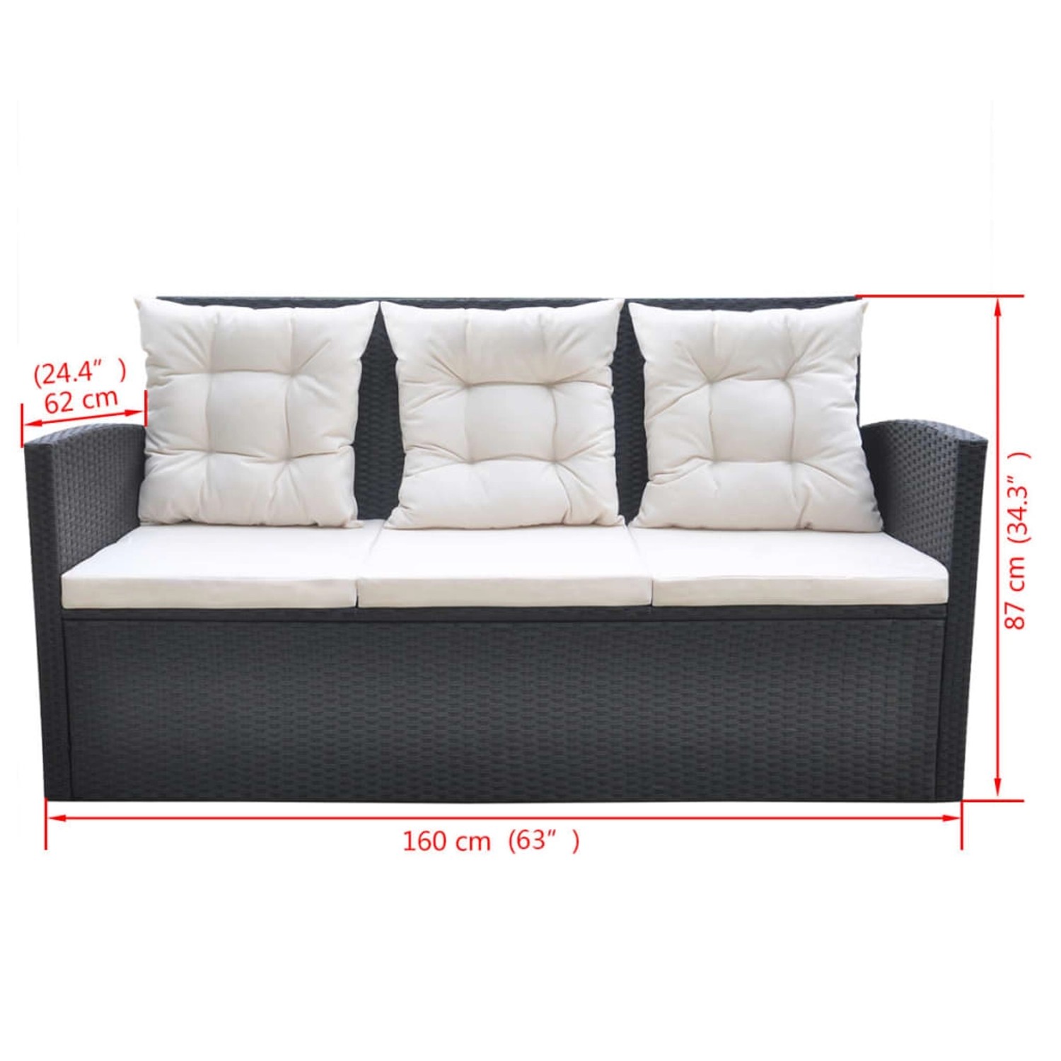 Schwarzes vidaXL Gartenmöbel-Set aus Rattan mit cremefarbenen Auflagen, bestehend aus Sofa, Sessel und Hocker.