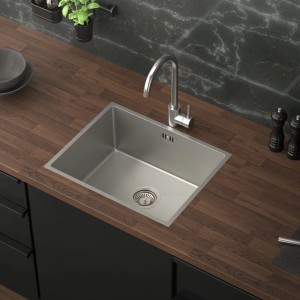 Rechteckige ML-Design Edelstahlspüle (50x40 cm) mit Siphon in moderner Küche.