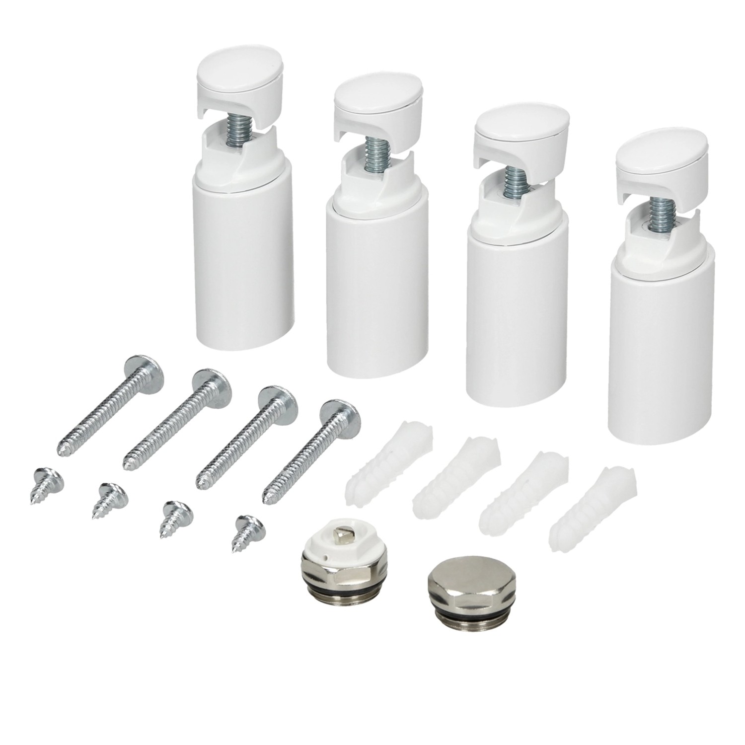 LuxeBath Halterung für Badheizkörper, weiß, Set mit 4 Haltern, Schrauben, Dübeln, Entlüftungsventil und Blindstopfen.