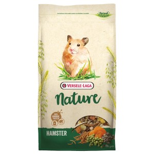 Versele-Laga Nature Hamsterfutter, 700g Packung mit Hamster-Illustration und Futterbestandteilen.