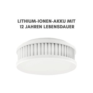 Weißer, runder Rauchmelder mit seitlichen Schlitzen. 12 Jahre Batterielaufzeit für Brandschutz. Teil des 4er Sets.
