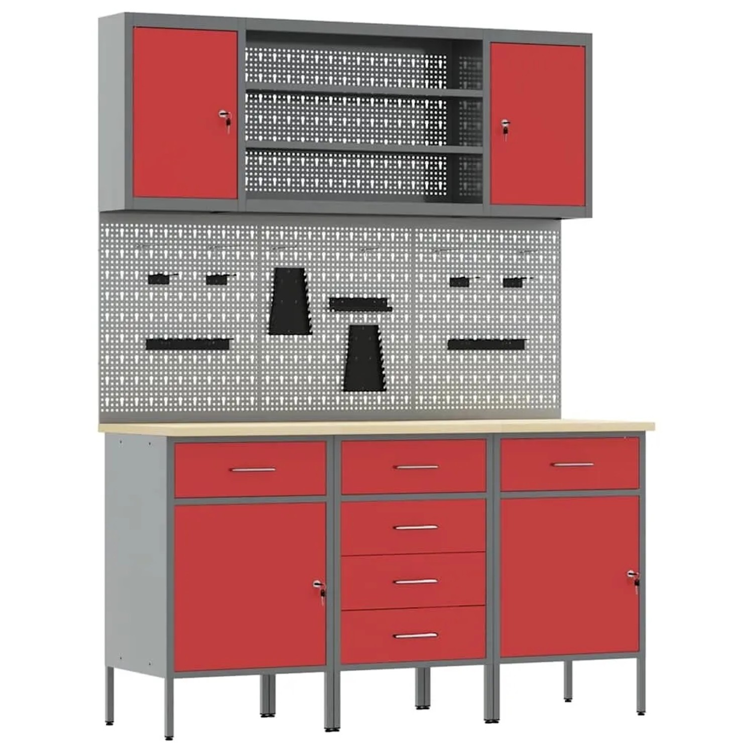 vidaXL Werkbank mit Schubladen 7-Tlg Rot Ingenieure Holz und Stahl 3321443