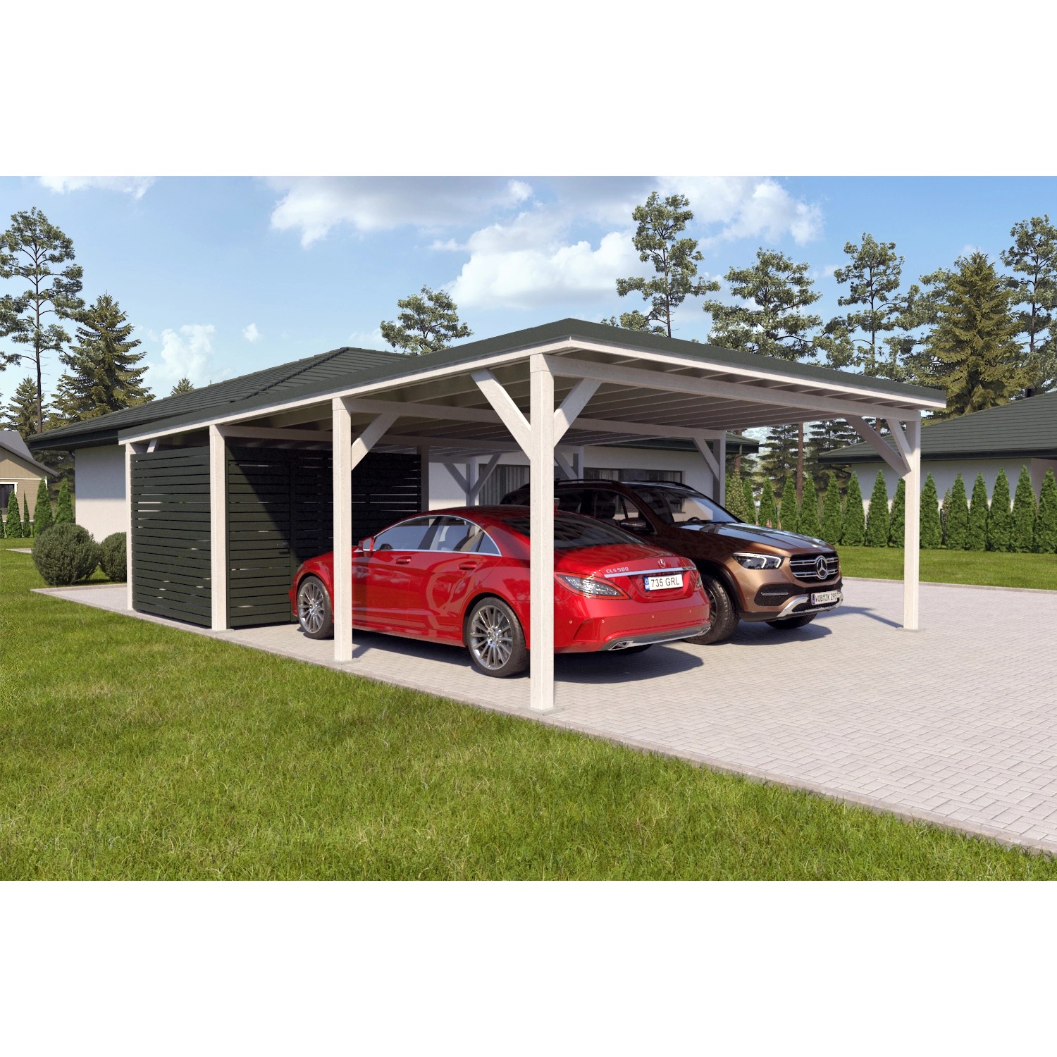 Holzbrüder Carport Ralf 52m² mit kl. Geräteraum Weiß-Dornengrün günstig online kaufen