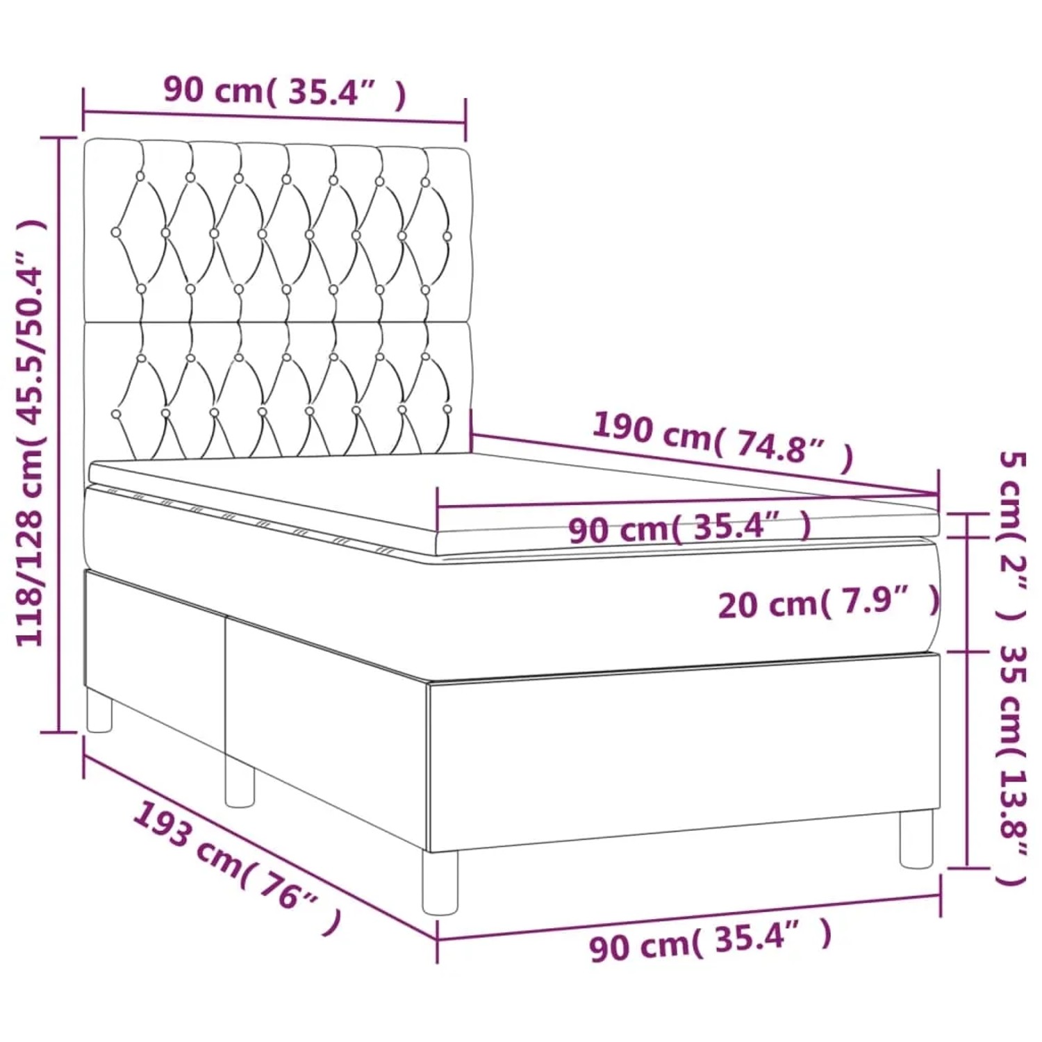 vidaXL Boxspringbett dunkelbraun (90x190 cm) mit Matratze und Kopfteil. Bett für erholsamen Schlaf.