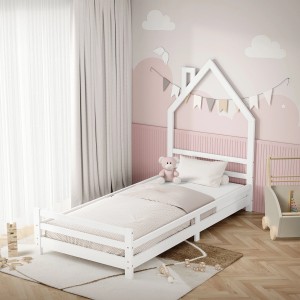 Weißes Kinderbett in Hausoptik (90x200 cm) aus Kiefernholz Massiv mit Lattenrost.