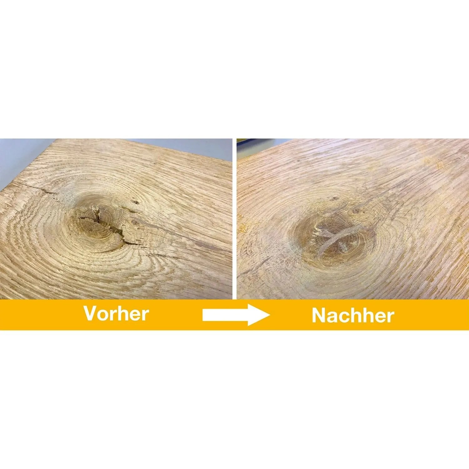 Holzreparatur: Astloch und Riss in Holzplatte vor und nach dem Füllen mit Stubai Astfüller Sticks.
