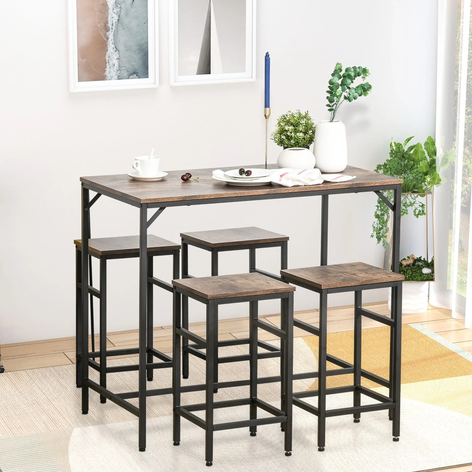 HOMCOM Bartisch-Set 5-teilig: rustikal-brauner Tisch mit 4 passenden Barhockern aus Stahl im modernen Industrial-Stil.