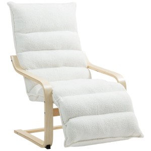 Weißer HOMCOM Relaxsessel mit Sherpa-Fleece, hellem Birkenholzrahmen, Armlehnen und verstellbarer Fußstütze.