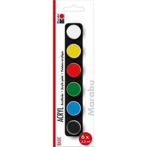 Marabu Acrylfarben-Set Basic mit 6 Farben (weiß, gelb, rot, grün, blau, schwarz) im Blister.