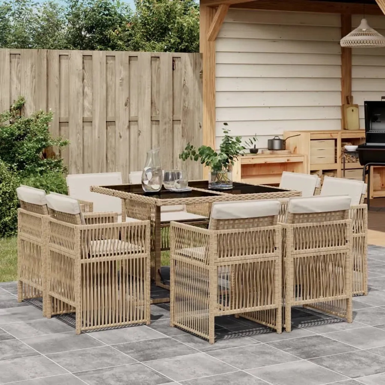 9-teilige Garten Essgruppe aus Rattan mit Kissen, beige. Ideal für Garten, Terrasse oder Balkon.