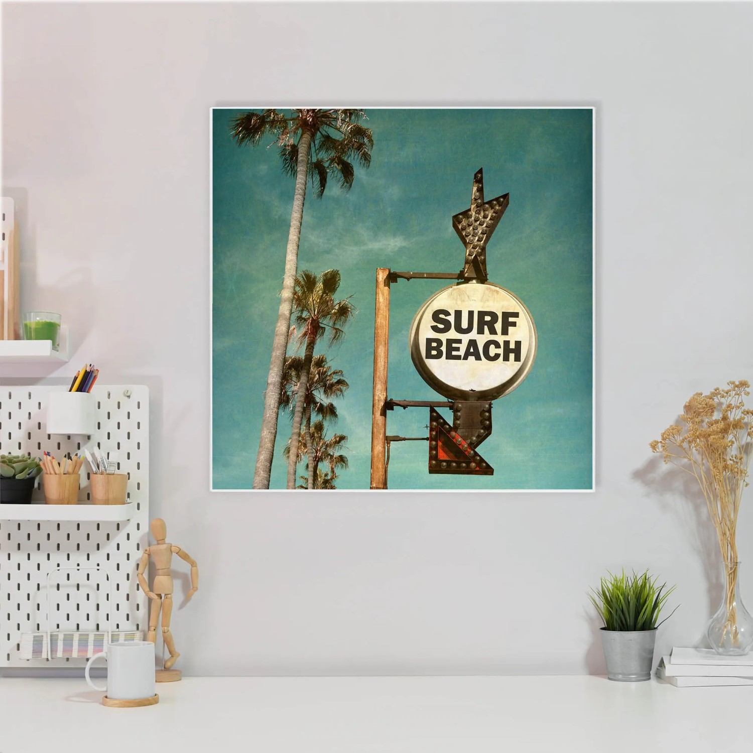 Banjado Magnettafel 50x50cm mit Surf Beach Motiv. Metall Magnetwand inklusive 4 Magnete.