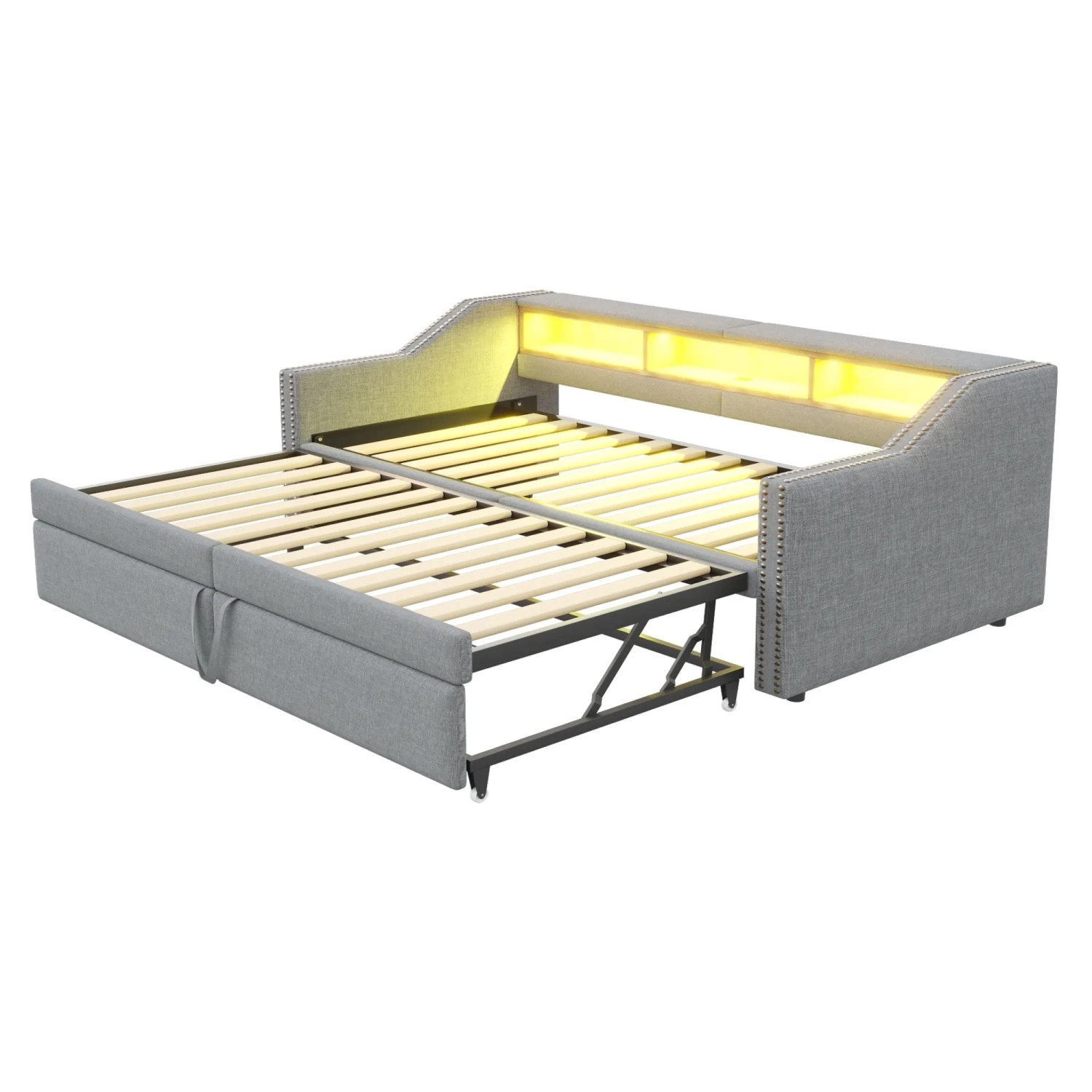 Merax Schlafsofa 90/180x200cm LED USB Stauraum Hellgrau