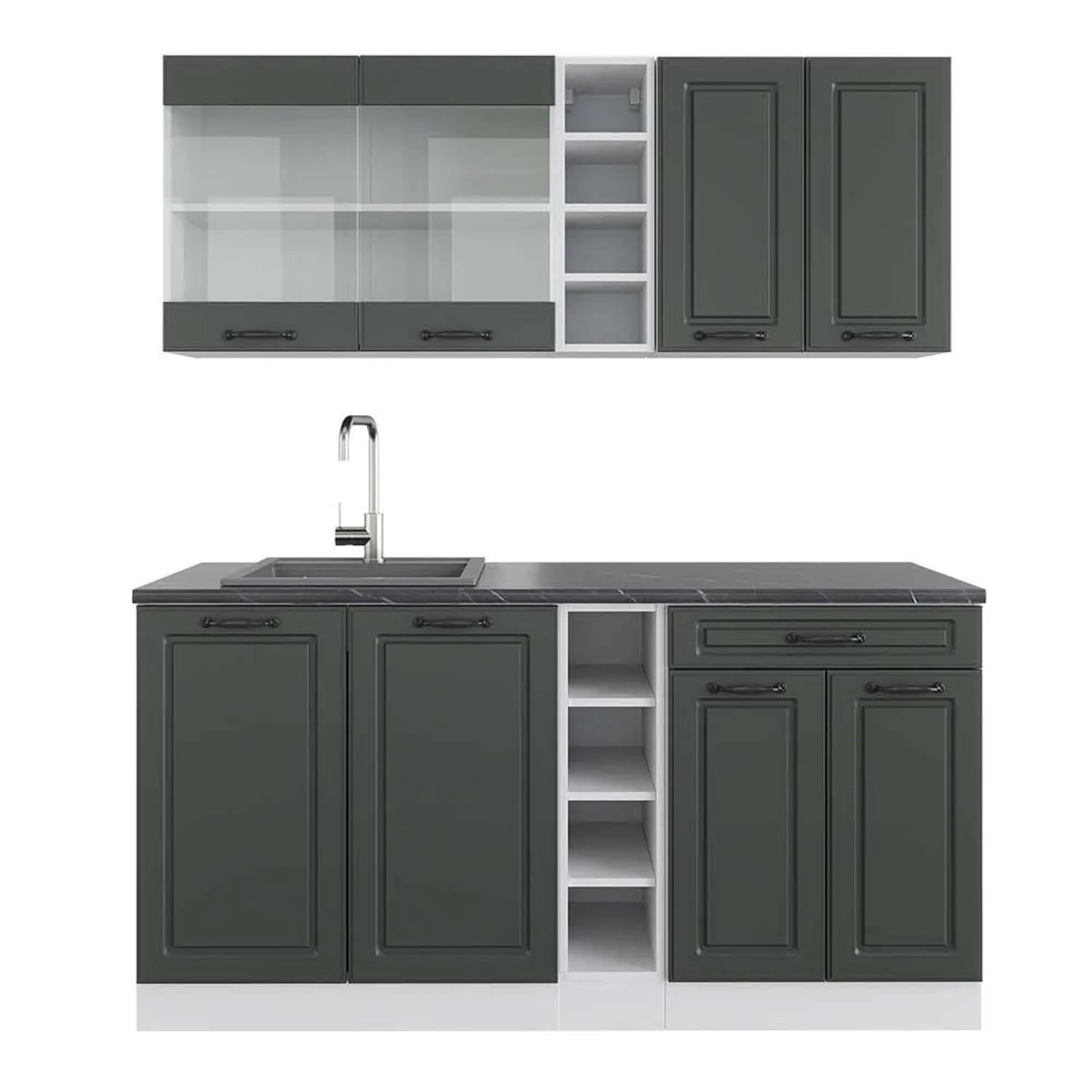 Vicco R-Line Singleküche Anthrazit Landhaus Weiß 160 cm AP Anthrazit ohne E-Geräte