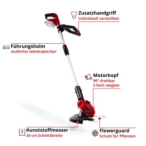 Einhell Akku-Rasentrimmer GE-CT 18 Li Solo: Rot-silberner Trimmer mit verstellbarem Holm und Schneidkopf.