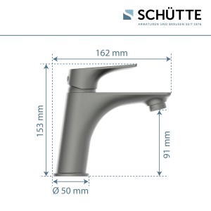 Schütte Waschtischarmatur Boston Graphit Matt, Seitenansicht mit Maßangaben.