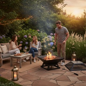 Relaxdays Feuerschale Stahl Schwarz mit Funkenschutz und Grillrost 36 cm x 45 cm x 45 cm 4,4 kg