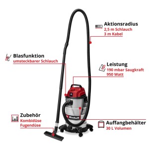 Einhell Nass-Trockensauger TC-VC 3055 S, rot-silber, 30L Edelstahlbehälter, Blasfunktion, Rollen, Düsen.