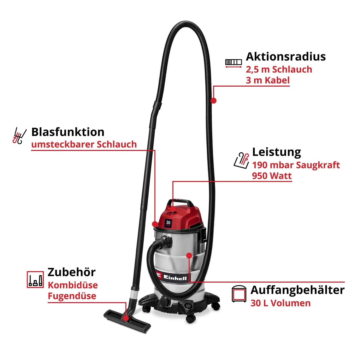 Einhell Nass-Trockensauger TC-VC 3055 S, rot-silber, 30L Edelstahlbehälter, Blasfunktion, Rollen, Düsen.