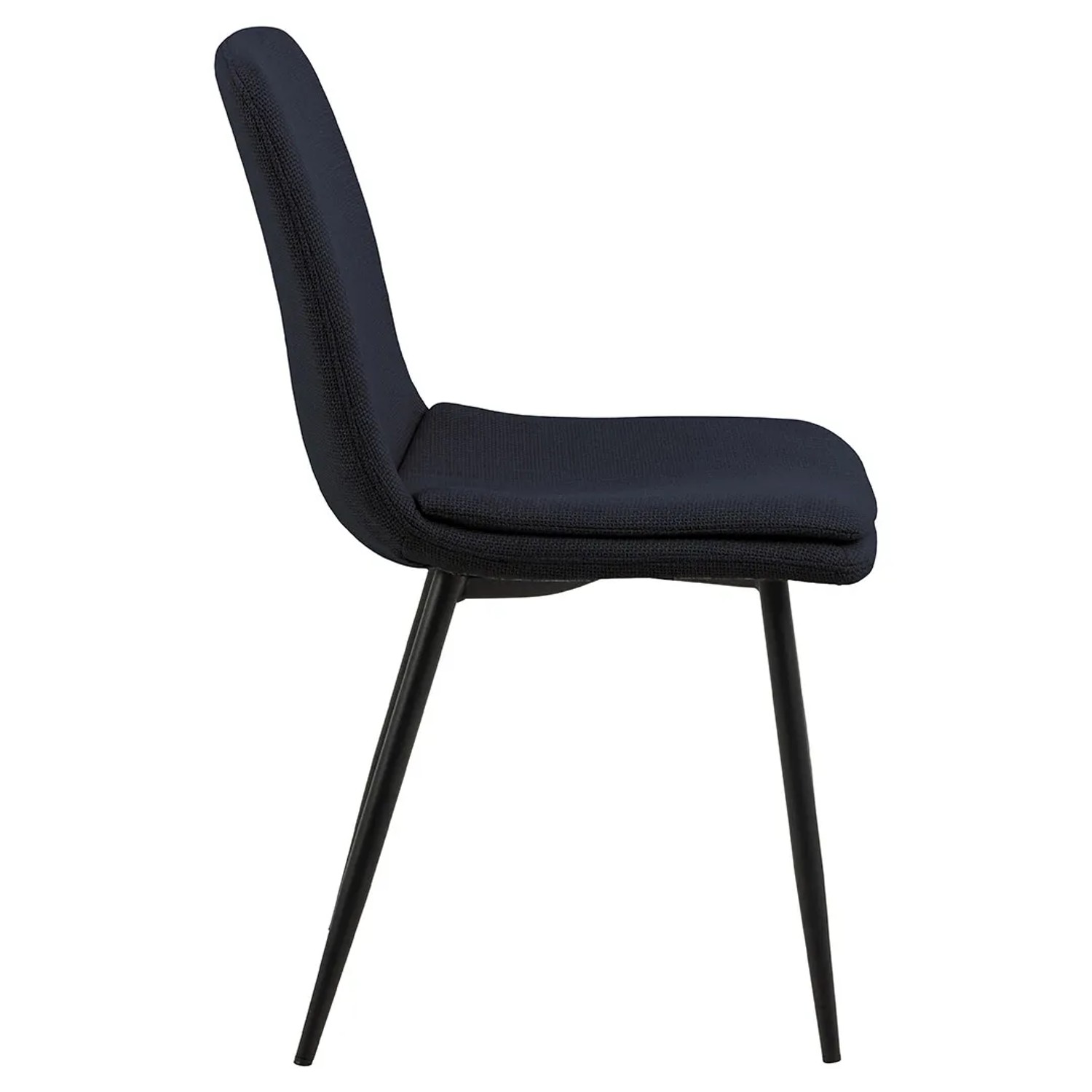Ebuy24 Becca Esszimmerstuhl, blauer Stoff, schwarzes Metallgestell, Seitenansicht.