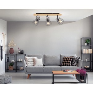 Schwarze Fischer & Honsel Deckenleuchte mit Holz, 3 Spots im Vintage-Look.