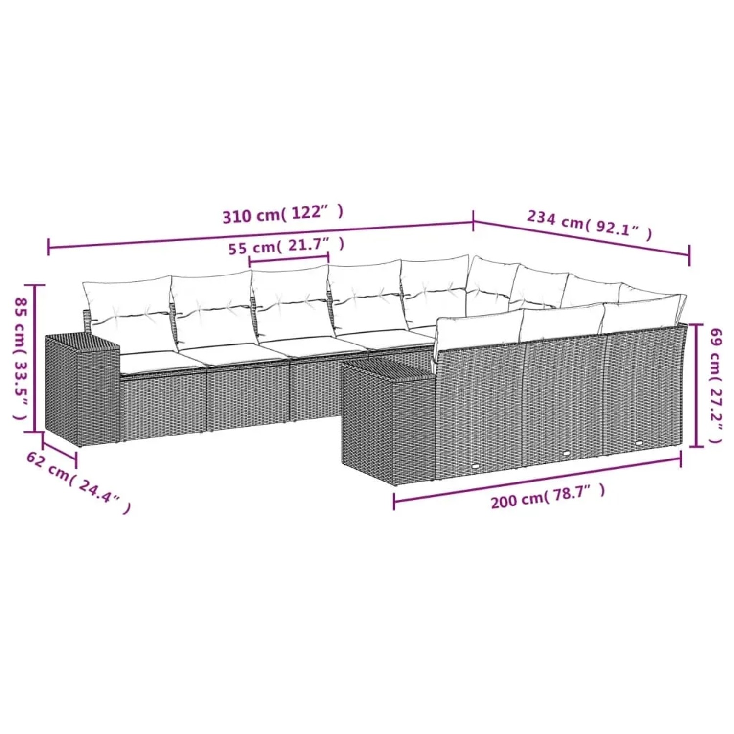 Graue 10-tlg. vidaXL Garten-Sofagarnitur aus Polyrattan mit Kissen, Maße eingezeichnet.