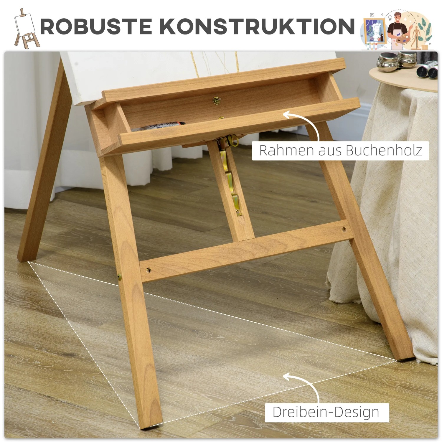 Detailansicht der klappbaren Vinsetto Staffelei aus Buchenholz mit Halterung und Dreibein-Design.