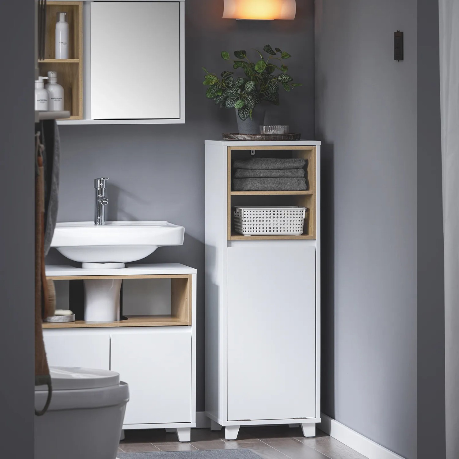 SoBuy Wäscheschrank BZR146-W, weißes Badmöbel-Set mit Ausklappbarem Wäschesammler und 2 Fächern.