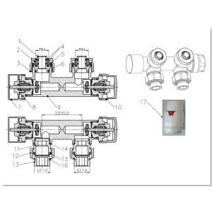 Eck-Anschlussgarnitur mit Thermostat für Heizkörper mit Mittelanschluss, graues Ventilset mit Schemazeichnung.
