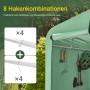 Grüne SoBuy Fahrradgarage innen: Hakenleiste mit 8 Haken für Gartengeräte, Helme und Zubehör. Praktischer Geräteschuppen.