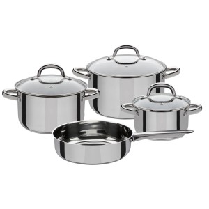 GSW Kochtopf-Set Montreal, 4-teilig, Edelstahl, mit Glasdeckeln und Bratpfanne.