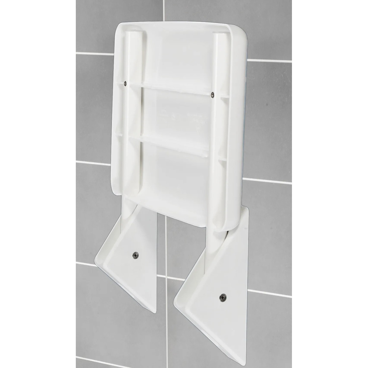 Wenko Duschklappsitz Secura Weiß, hochgeklappt an grauer Wand.