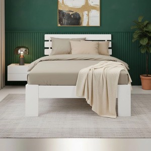 Weißes Homestyle4u Holzbett 90x200 cm mit Lattenrost und Kopfteil. Modernes Bettgestell aus Kiefernholz für Schlafzimmer.