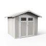 Grosfillex Gerätehaus Utility 4,9 in Graugrün, Kunststoff-Gartenhaus mit Doppeltür und Satteldach.