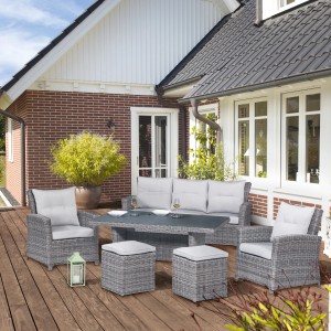 6-teiliges Lounge-Set Vermont aus Polyrattan in Grau mit Esstisch und hellen Auflagen.