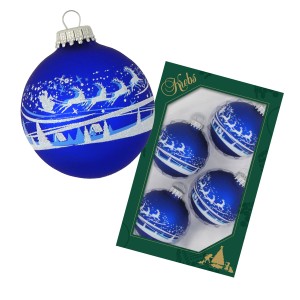 Krebs Glas Lauscha Weihnachtskugeln, 4er-Set, blau mit Santa-Schlitten Motiv, 7cm.