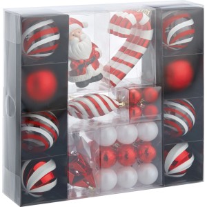 Weihnachtsbaumschmuck Set Rot/Weiß: Kugeln, Sterne, Weihnachtsmann, Zuckerstange. 48-teiliges Deko-Set.