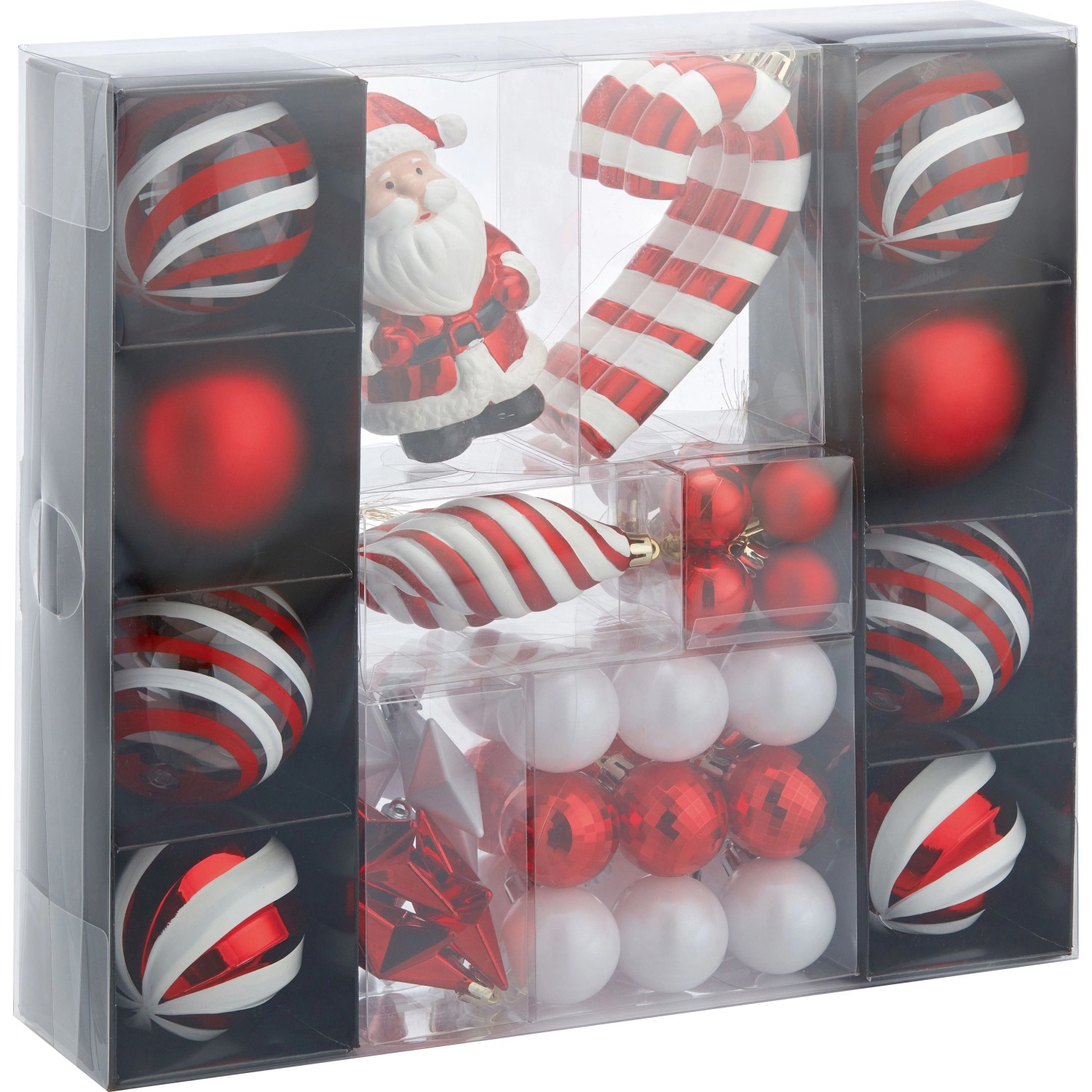 Weihnachtsbaumschmuck Set Rot/Weiß: Kugeln, Sterne, Weihnachtsmann, Zuckerstange. 48-teiliges Deko-Set.