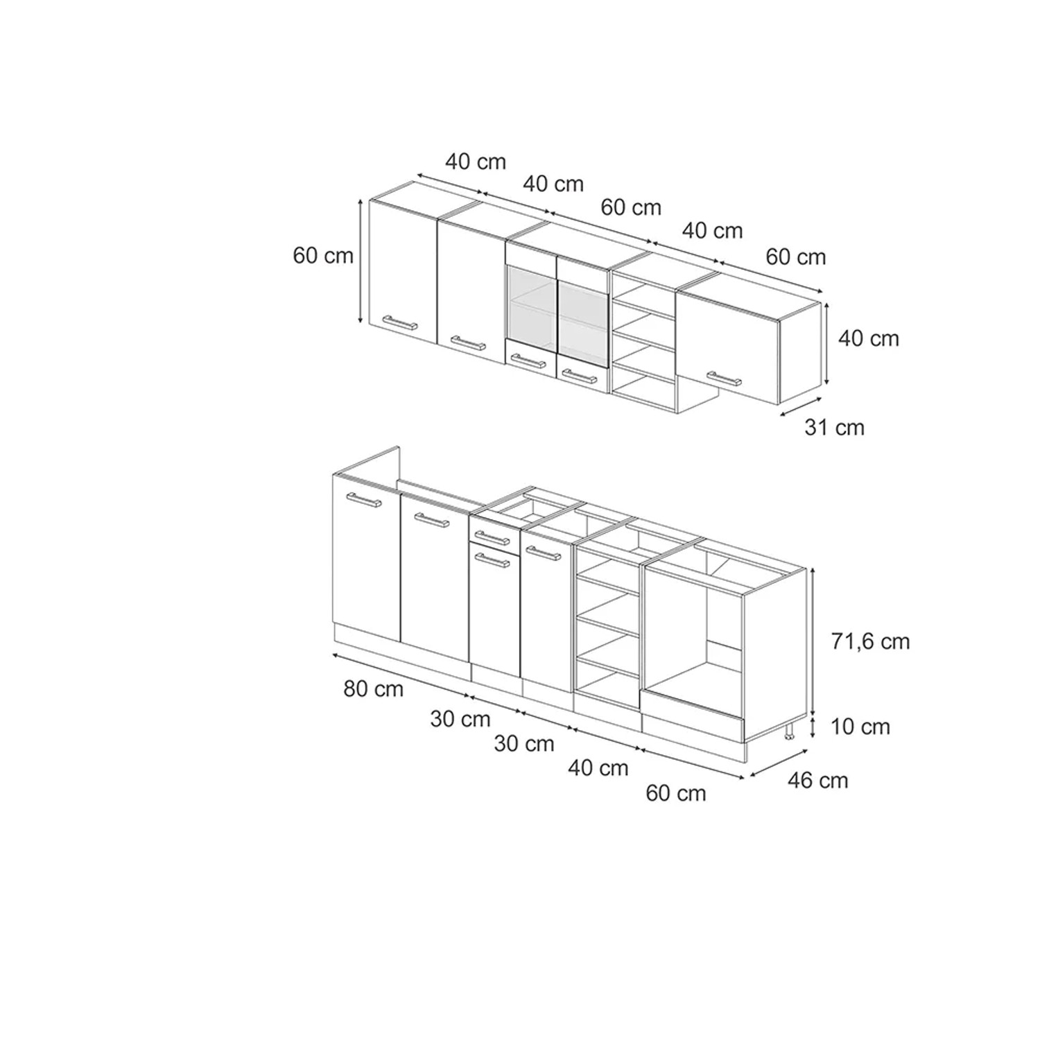 Skizze der Vicco R-Line Küchenzeile in Schwarz Hochglanz/Goldkraft Eiche, 240 cm breit, mit Maßangaben.