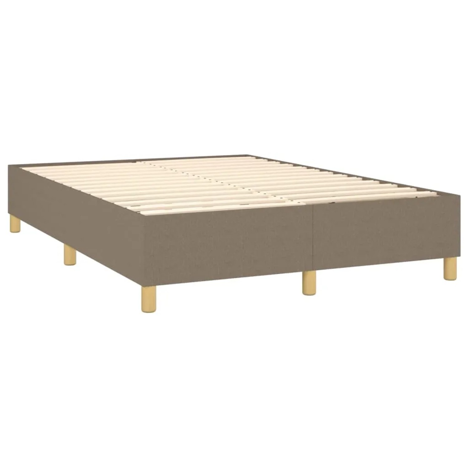 Boxspringbett vidaXL, taupefarben, 140x200 cm. Stoffbezogenes Bett mit Holzfüßen und Lattenrost.