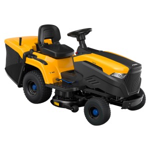 Stiga Akku-Rasentraktor Estate 584e mit 240l Fangkorb, gelb/schwarz. Aufsitzmäher für große Rasenflächen.
