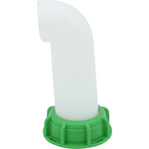 IBC Auslaufstutzen 90 Grad, 2-teilig, mit grünem Anschluss für Regentonnen.