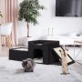 Schwarze faltbare Katzenhöhle mit 3 Liegeplätzen und Kratzrampe. Zwei Katzen nutzen das gemütliche Katzenhaus im Wohnzimmer.