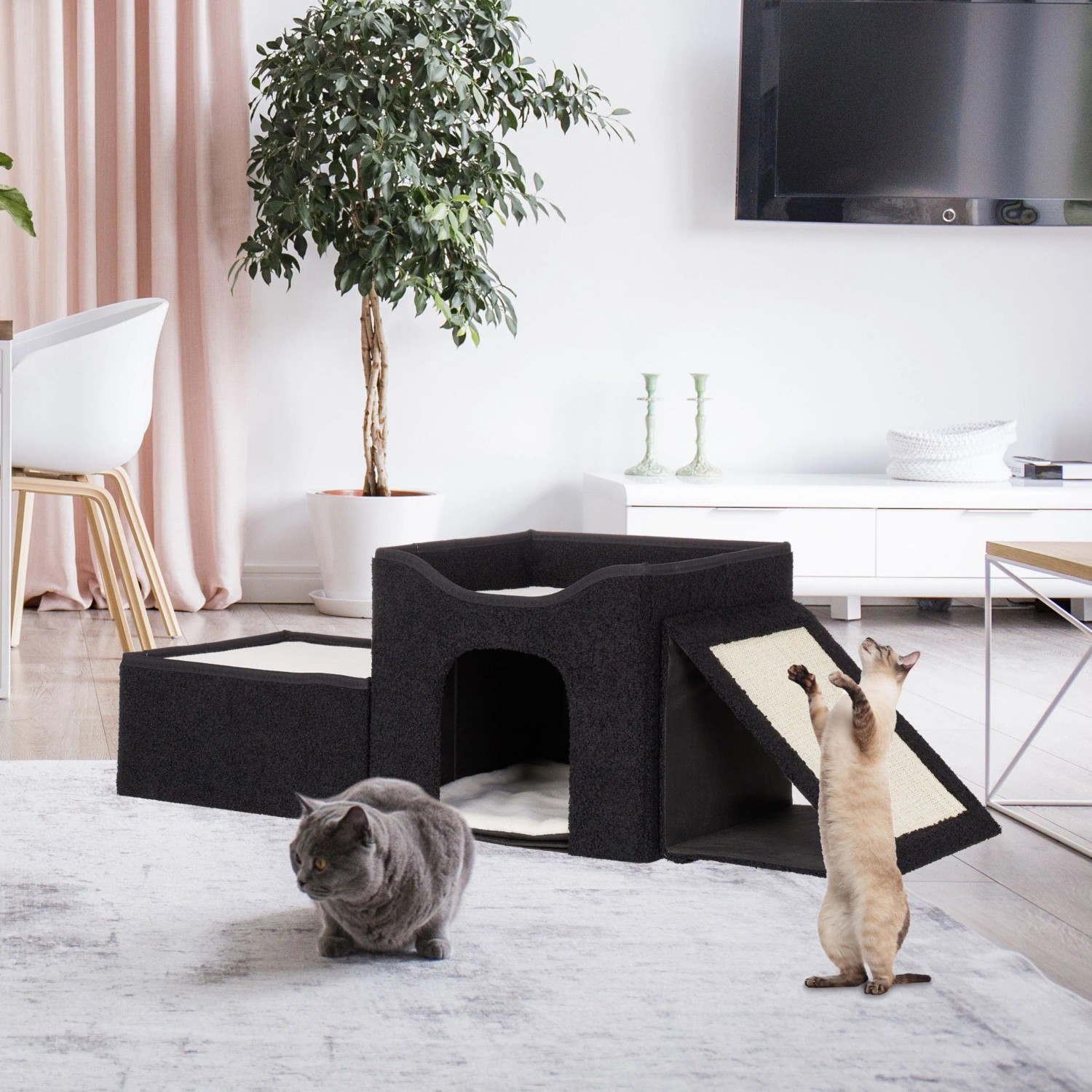 Schwarze faltbare Katzenhöhle mit 3 Liegeplätzen und Kratzrampe. Zwei Katzen nutzen das gemütliche Katzenhaus im Wohnzimmer.