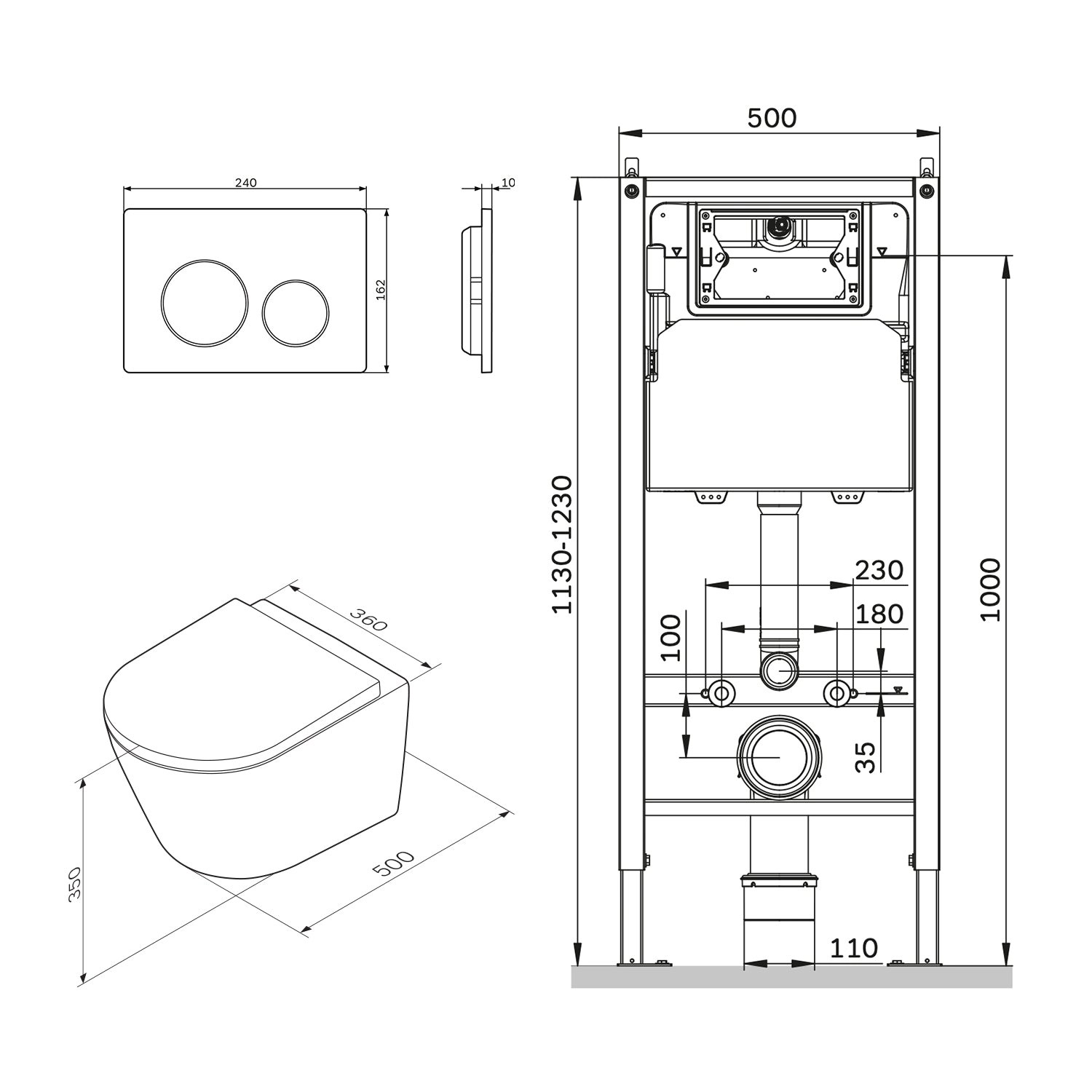 Technische Zeichnung AM.PM WC-Set: Wand-WC, Vorwandelement, Drückerplatte mit Maßen.