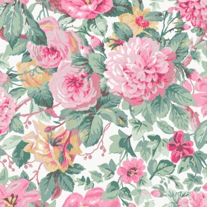 Laura Ashley Vliestapete Aveline Rose mit floralem Muster in Rosa und Grün.