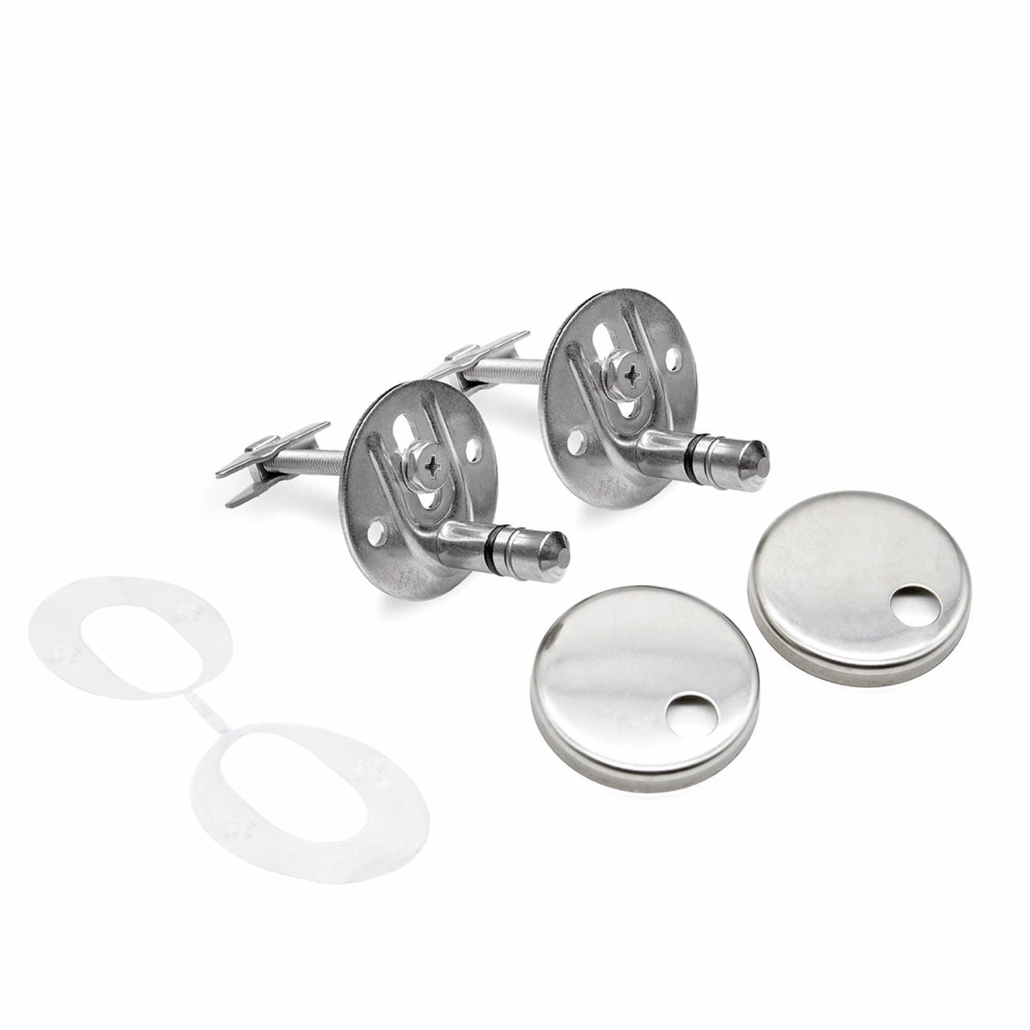 Montage-Set für Banjado WC-Sitz mit Absenkautomatik, bestehend aus Befestigungen und Abdeckungen.