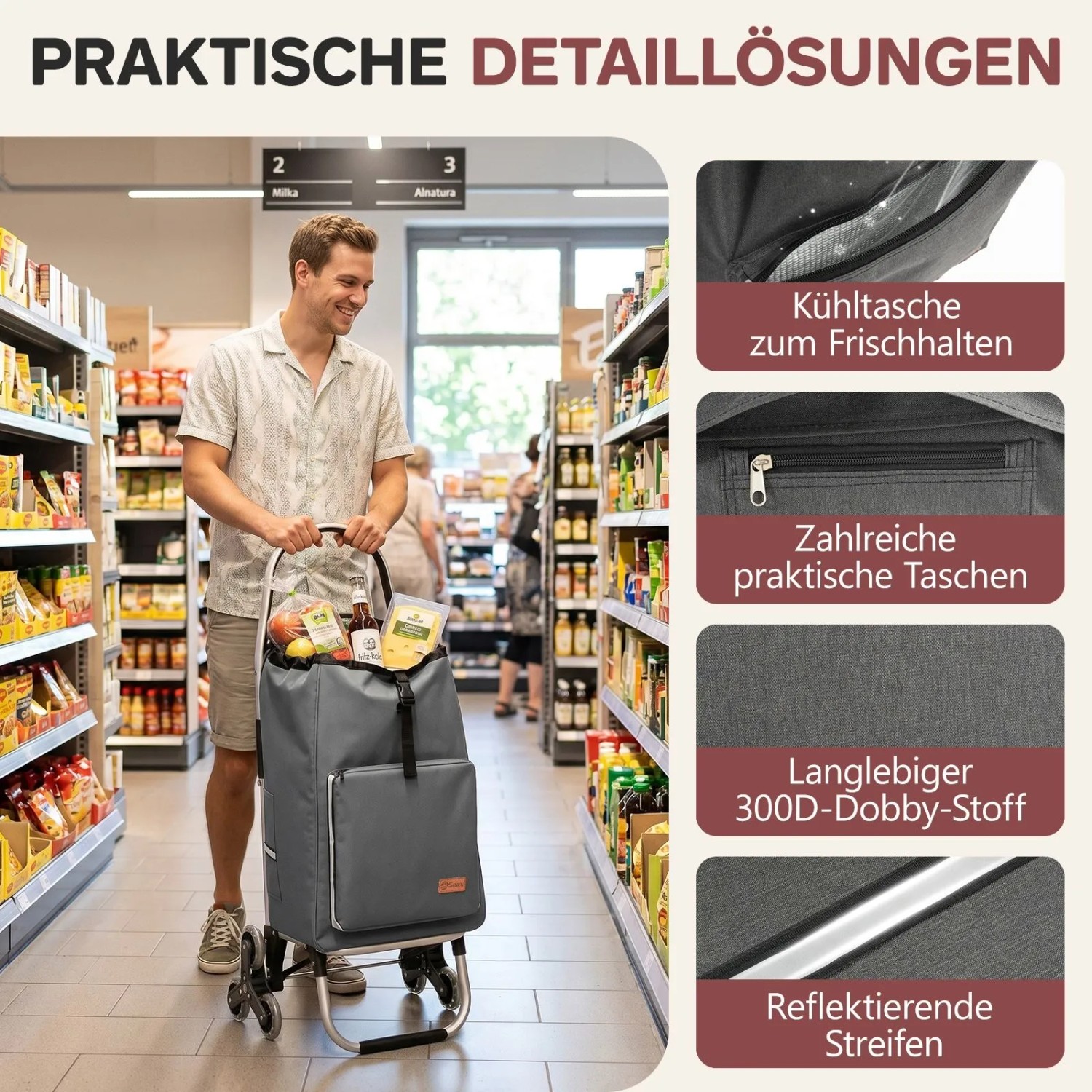 Sekey Einkaufstrolley, 50L, grau, mit Kühlfach und Treppensteiger-Funktion. Ideal für den Einkauf.