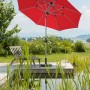 Roter Schneider Marktschirm (Ø 270 cm) mit Kurbel auf Terrasse am Teich.