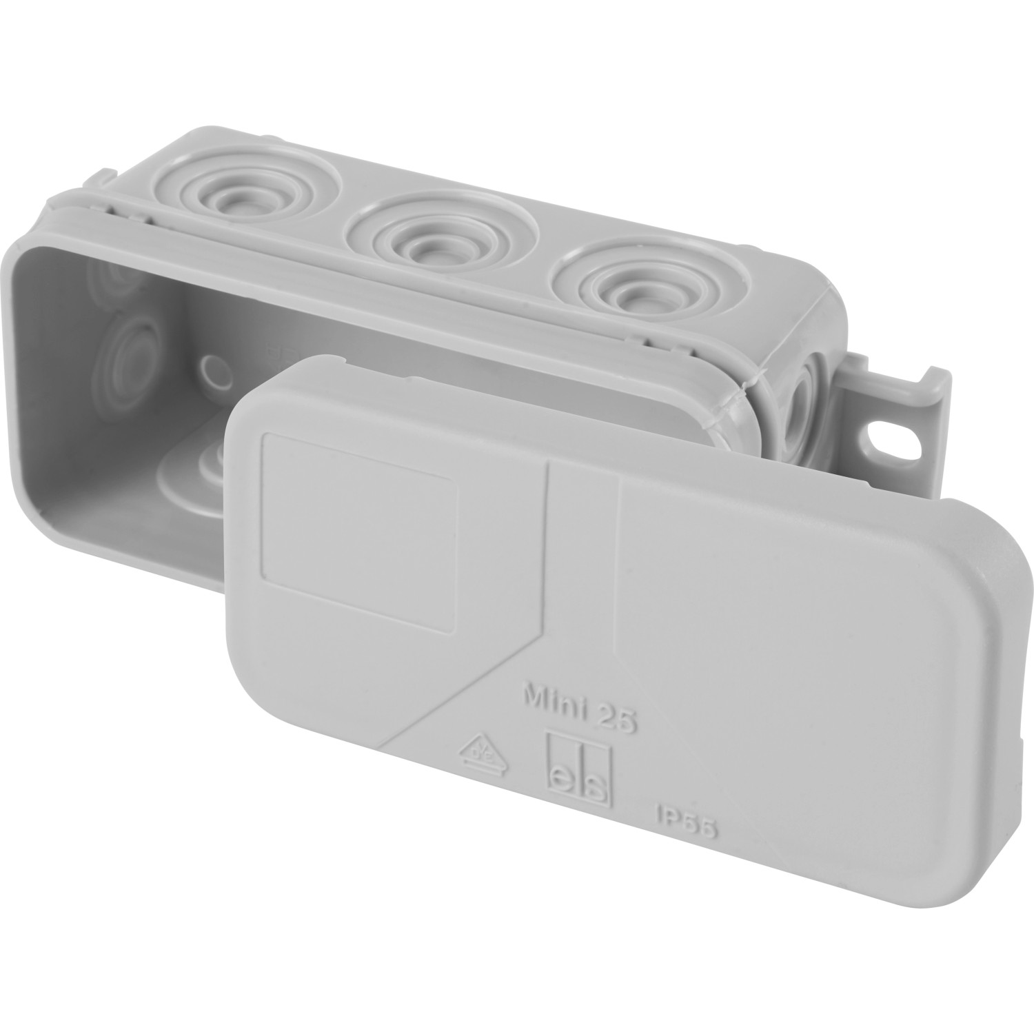 Spelsberg Abzweigdose Mini 25-L, IP55, grau, mit geöffnetem Deckel.