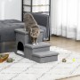 Graue PawHut Hundetreppe mit 3 Stufen, Höhle und Stauraum, Katze darauf.